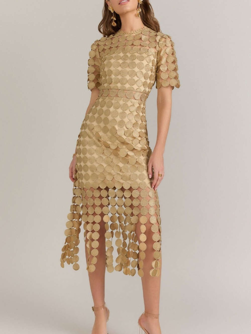 Just Me Circle Crochet Fringe Gold Textured Mesh Cocktail Party Romantic